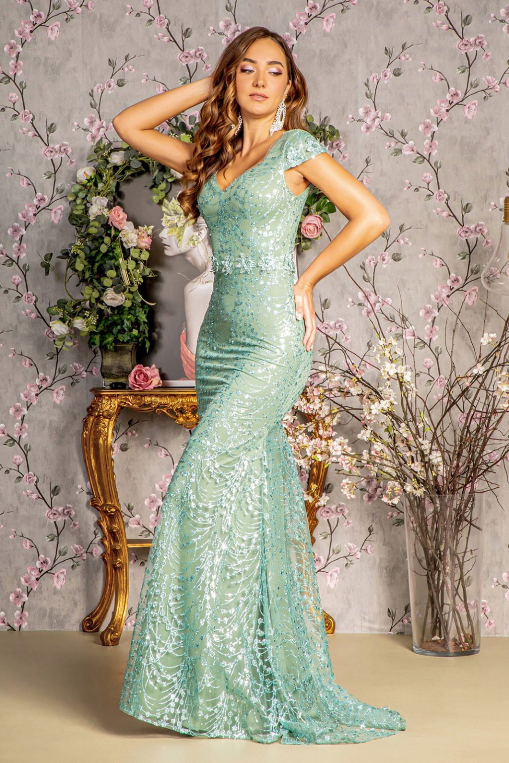 3-D Flower Glitter Sheer Neckline Mesh Mermaid Long Dress - LumoraXSe3-D Flower Glitter Sheer Neckline Mesh Mermaid Long DressGL3414Sage