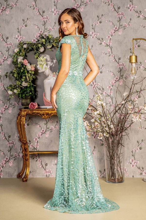 3-D Flower Glitter Sheer Neckline Mesh Mermaid Long Dress - LumoraXSe3-D Flower Glitter Sheer Neckline Mesh Mermaid Long DressGL3414Sage