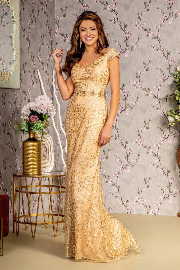 3-D Flower Glitter Sheer Neckline Mesh Mermaid Long Dress - LumoraXSe3-D Flower Glitter Sheer Neckline Mesh Mermaid Long DressGL3414Champagne