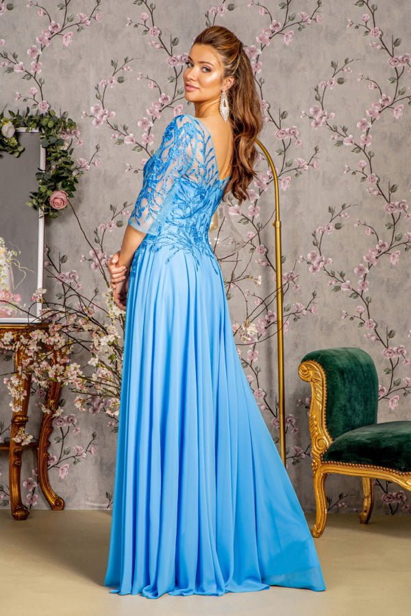 Bead Embroidery Sheer Neckline V-back Chiffon A-line Long Dress - LumoraSeBead Embroidery Sheer Neckline V-back Chiffon A-line Long DressGL3445Perry Blue