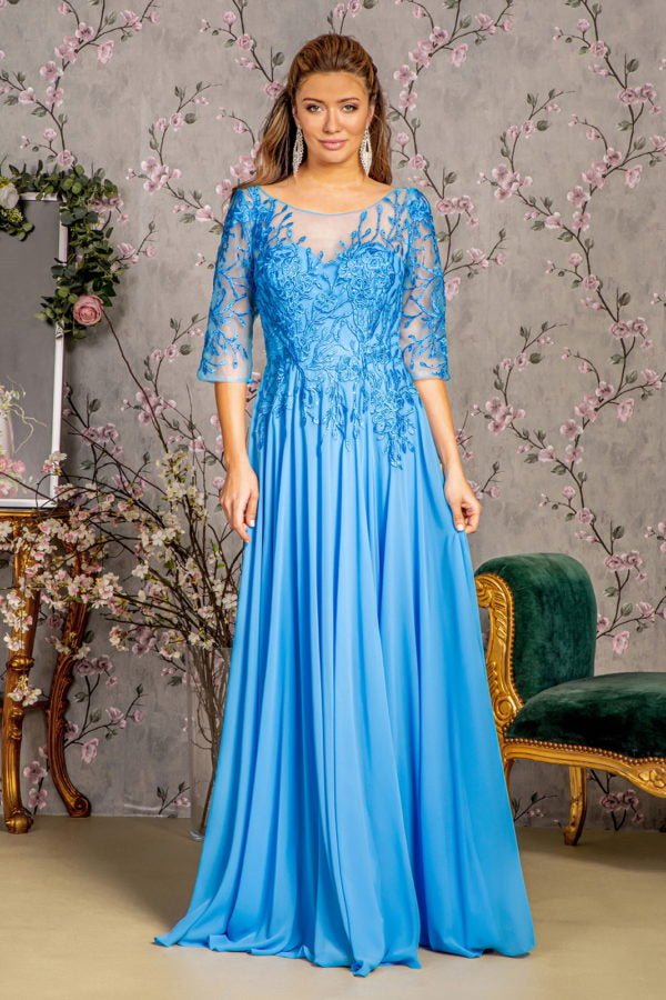 Bead Embroidery Sheer Neckline V-back Chiffon A-line Long Dress - LumoraSeBead Embroidery Sheer Neckline V-back Chiffon A-line Long DressGL3445Perry Blue