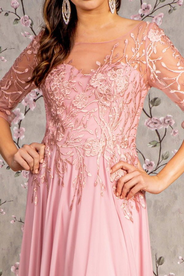 Bead Embroidery Sheer Neckline V-back Chiffon A-line Long Dress - LumoraSeBead Embroidery Sheer Neckline V-back Chiffon A-line Long DressGL3445Dusty Rose