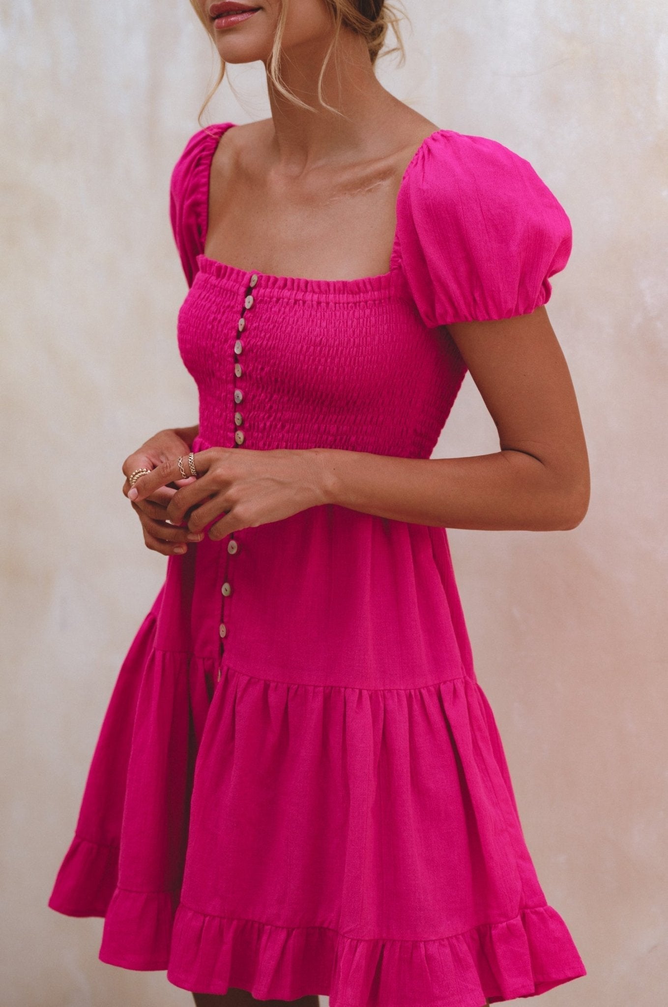 Catalina Smocked Linen Mini Dress - LumoraMagentaeCatalina Smocked Linen Mini DressCAMS79819S