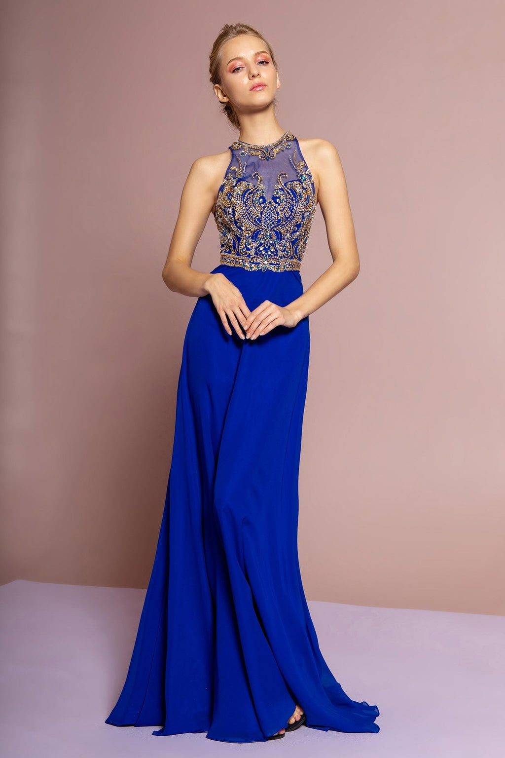 Jewel and Bead Embellished Long Dress with Back Cut Out - LumoraXSeJewel and Bead Embellished Long Dress with Back Cut OutGL1329Royal Blue
