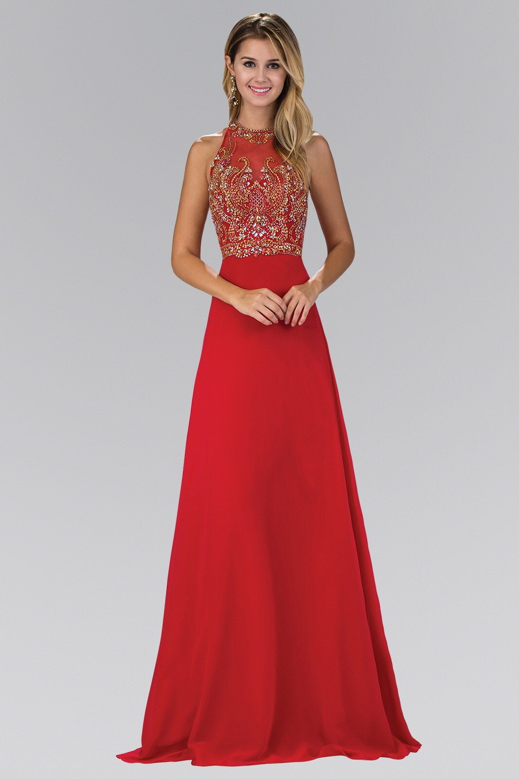 Jewel and Bead Embellished Long Dress with Back Cut Out - LumoraXSeJewel and Bead Embellished Long Dress with Back Cut OutGL1329Red