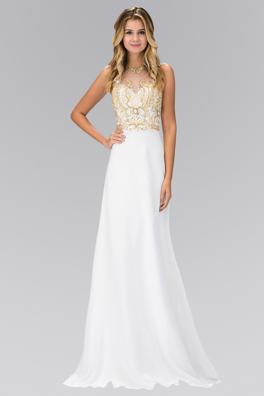 Jewel and Bead Embellished Long Dress with Back Cut Out - LumoraXSeJewel and Bead Embellished Long Dress with Back Cut OutGL1329Ivory