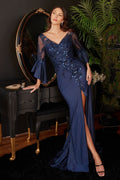 Long Bell Sleeve Lace & Satin Gown - LumoraXLeLong Bell Sleeve Lace & Satin Gown9247Navy