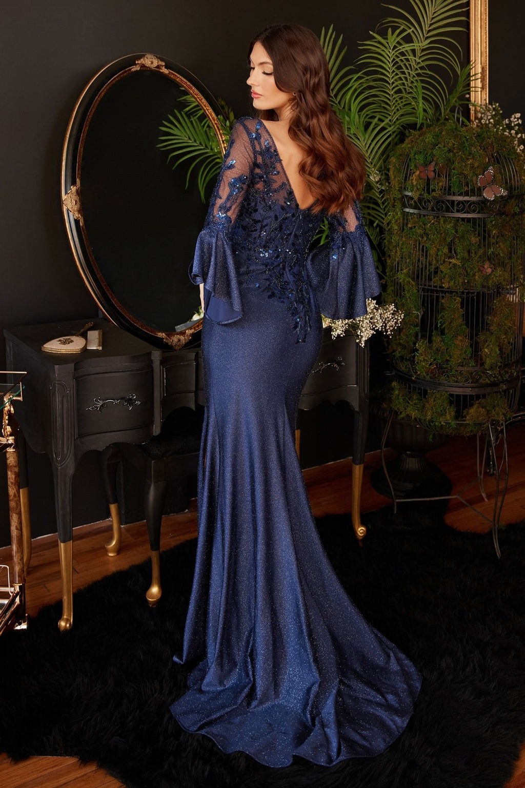 Long Bell Sleeve Lace & Satin Gown - LumoraXLeLong Bell Sleeve Lace & Satin Gown9247Navy