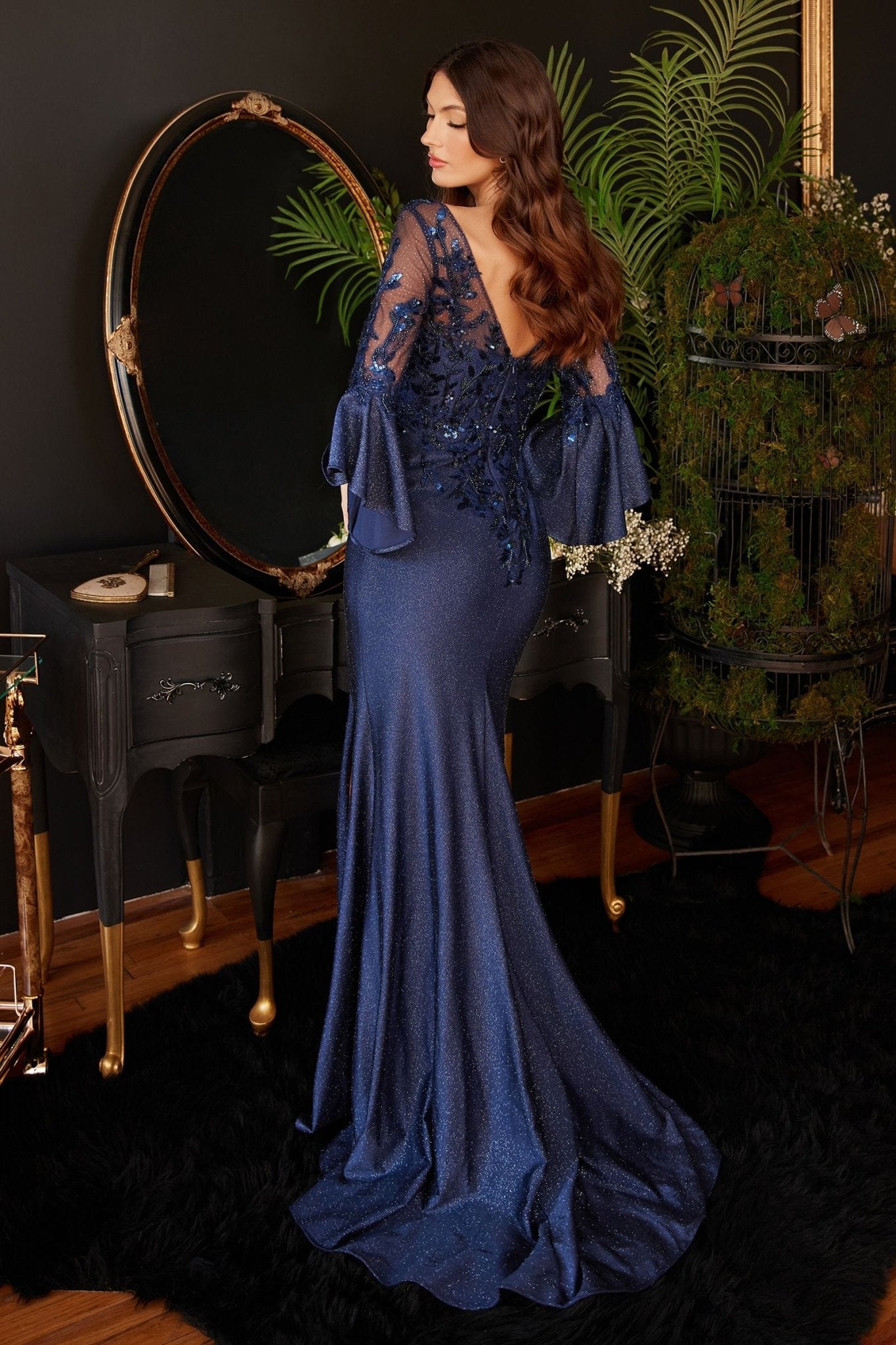 Long Bell Sleeve Lace & Satin Gown - LumoraXLeLong Bell Sleeve Lace & Satin Gown9247Navy